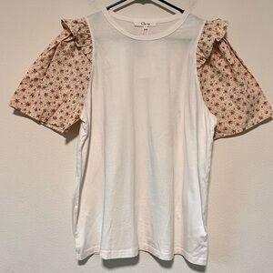 NWT Clu Too Cream Ditzy Floral Puff Sleeve Ruffled White Mixed Media Shirt L
